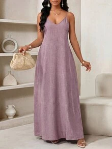 SHEIN Lady 女款大尺碼夏季灰玫瑰色波希米亞風優雅休閒商務度假細肩帶格子非洲風吊帶長洋裝 - 藕粉色 - 查看 6
