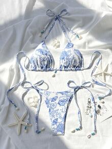 Swim Vcay 1套女款紋理布料隨機印花貝殼裝飾掛脖綁側性感比基尼泳衣，適合海灘度假與夏季 - 藍色 - 查看 3