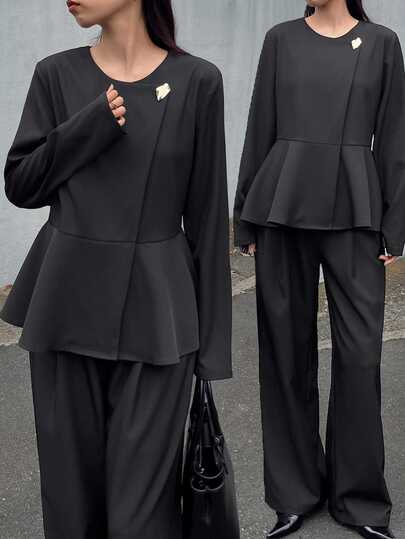 FRIFUL Women's Korean Autumn Solid Color Metal Decor Blazer Suit Set, Middle-Aged Women's Outfit