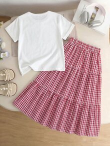 SHEIN Tween女孩 2件組 大蝴蝶結裝飾櫻桃字母印花休閒圓領短袖T恤 + 鈕扣裝飾格紋長裙套裝，夏季 - 紅白色 - 查看 2
