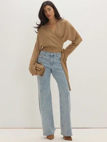 MUSEYN Brown Chocolate Woven Tie Cross Over Wrap Long Sleeve Blouse Structured Tailored Polished Everyday Casual Fall New Season Capsule Wardrobe - Brown - View 2