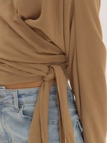MUSEYN Brown Chocolate Woven Tie Cross Over Wrap Long Sleeve Blouse Structured Tailored Polished Everyday Casual Fall New Season Capsule Wardrobe - Brown - View 6