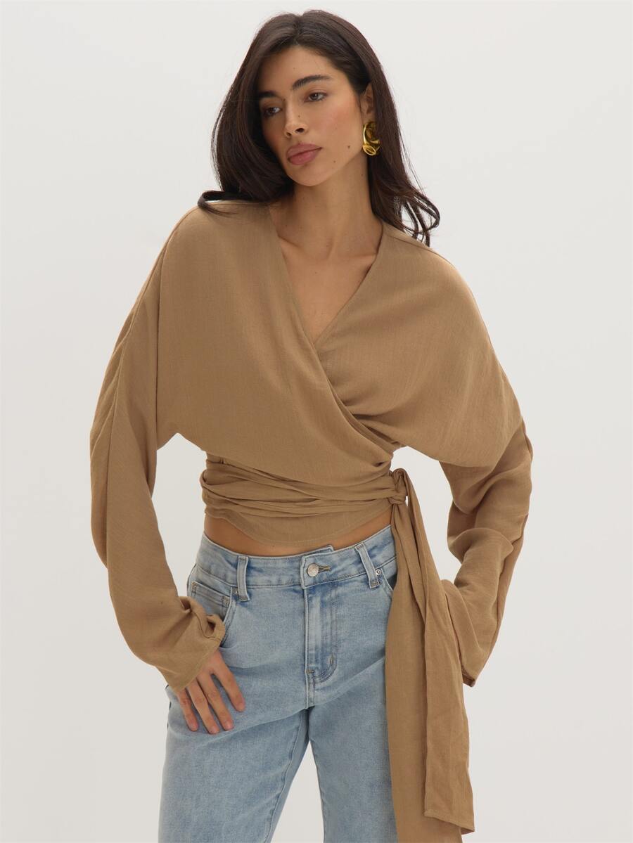 MUSEYN Brown Chocolate Woven Tie Cross Over Wrap Long Sleeve Blouse Structured Tailored Polished Everyday Casual Fall New Season Capsule Wardrobe - Brown - View 1