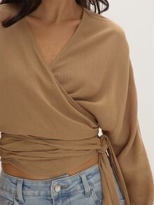 MUSEYN Brown Chocolate Woven Tie Cross Over Wrap Long Sleeve Blouse Structured Tailored Polished Everyday Casual Fall New Season Capsule Wardrobe - Brown - View 3
