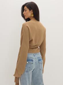 MUSEYN Brown Chocolate Woven Tie Cross Over Wrap Long Sleeve Blouse Structured Tailored Polished Everyday Casual Fall New Season Capsule Wardrobe - Brown - View 5