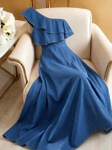 GlowEve Women's Summer Casual One Shoulder Denim Dress - Blue - View 1
