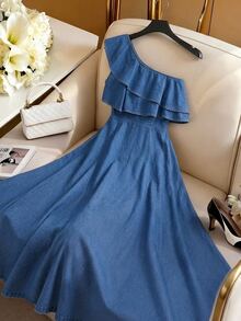 GlowEve Women's Summer Casual One Shoulder Denim Dress - Blue - View 3
