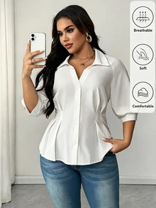Maweii Plus Size Solid Color Lapel Ruched Waist Elegant Shirt Fall - White - View 1