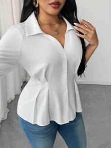 Maweii Plus Size Solid Color Lapel Ruched Waist Elegant Shirt Fall - White - View 8