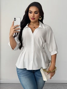 Maweii Plus Size Solid Color Lapel Ruched Waist Elegant Shirt Fall - White - View 4