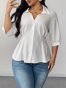 Maweii Plus Size Solid Color Lapel Ruched Waist Elegant Shirt Fall - White - View 2