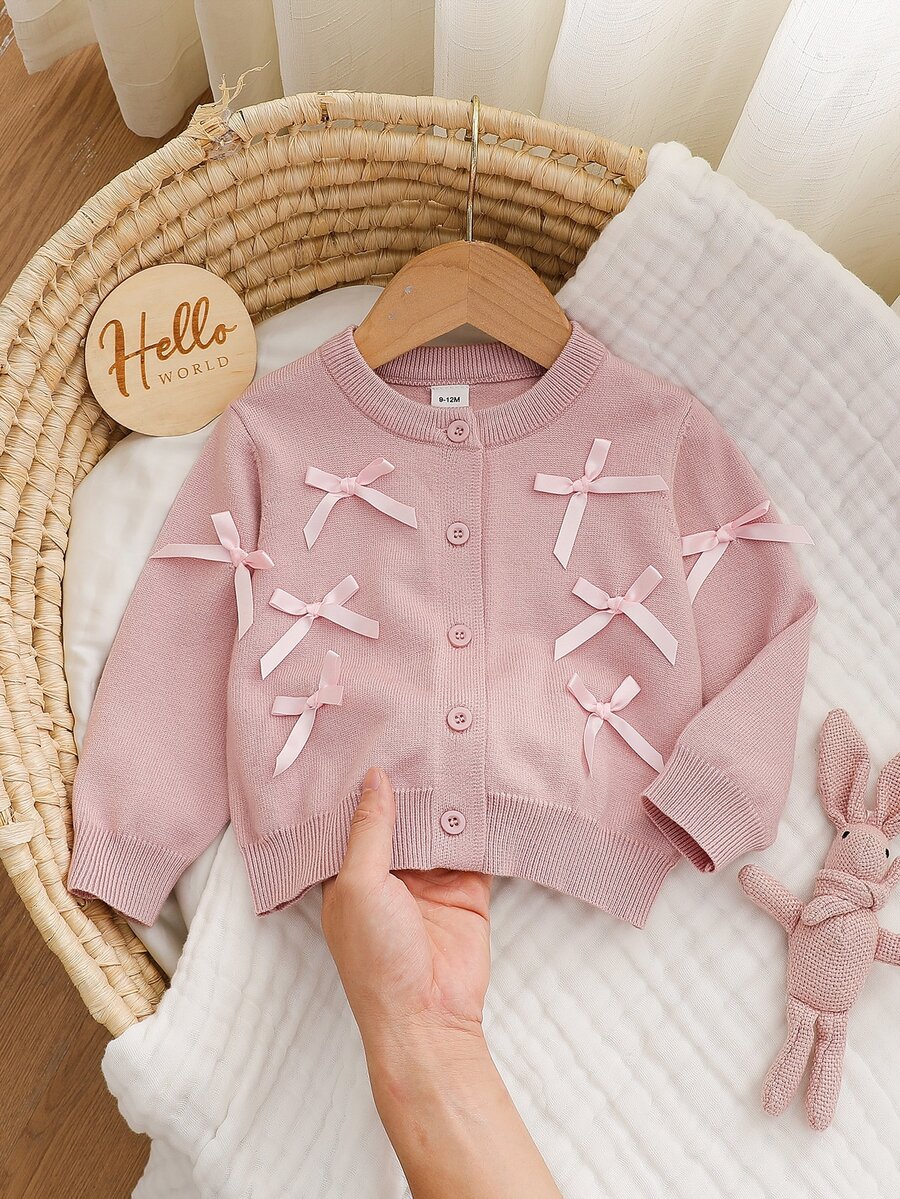 Elladie kids 女嬰蝴蝶結前襟單排扣開襟羊毛衫 - 粉色 - 查看 1
