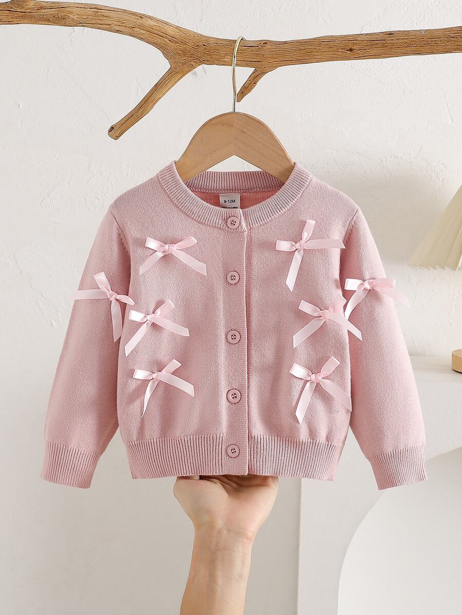 Elladie kids Baby Girl Bow Front Single Breasted Placket Cardigan - Pink - View 1