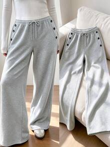 Modelyn Women's Solid Color Drawstring Waist Casual Comfy Versatile Daily Wear Sweatpants Airport Light Grey Fall‑Winter - Grey - View 1