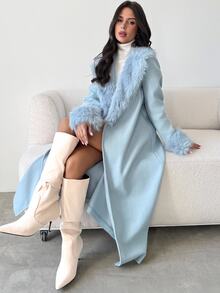 Firerie 女款優雅冰藍色冬季羊毛混紡大衣，毛領與對比袖口設計，中長版精緻假日晚餐都市通勤職場穿搭 - 淺藍色 - 查看 8