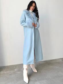 Firerie 女款優雅冰藍色冬季羊毛混紡大衣，毛領與對比袖口設計，中長版精緻假日晚餐都市通勤職場穿搭 - 淺藍色 - 查看 6