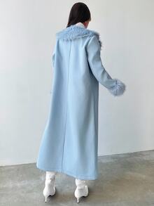 Firerie 女款優雅冰藍色冬季羊毛混紡大衣，毛領與對比袖口設計，中長版精緻假日晚餐都市通勤職場穿搭 - 淺藍色 - 查看 11