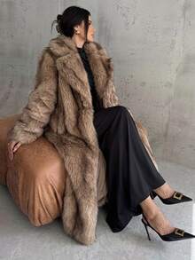 Firerie Women's Elegant Shades Of Brown Faux Fur Long Coat,Heavily Embellished Ombre Luxury Vintage Urban Chic Winter Dinner Date Party Clothes - Coffee Brown - View 3