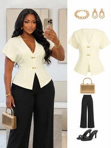 Poshavie Poshavie Plus Size Women's Solid Color V-Neck Single-Breasted Casual Versatile Daily Short Sleeve Top - Apricot - View 1