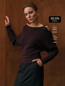 MOTF PREMIUM WOMEN'S ASYMMETRICAL COLLAR BATWING SLEEVE METAL BUTTON SWEATER, AUTUMN/WINTER - Burgundy - View 7