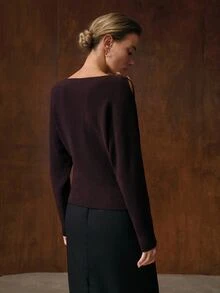 MOTF PREMIUM WOMEN'S ASYMMETRICAL COLLAR BATWING SLEEVE METAL BUTTON SWEATER, AUTUMN/WINTER - Burgundy - View 3