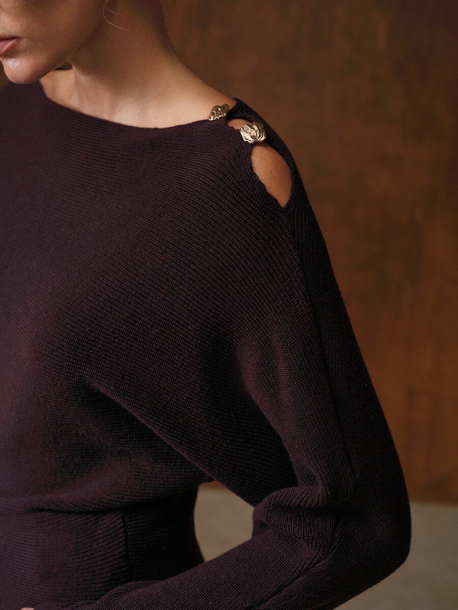 MOTF PREMIUM WOMEN'S ASYMMETRICAL COLLAR BATWING SLEEVE METAL BUTTON SWEATER, AUTUMN/WINTER - Burgundy - View 2