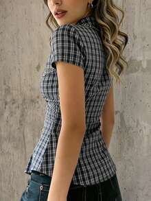 SuriyaCove Light Yellow Fine Plaid Collared Short Sleeve Shirt - Dark Grey - View 2