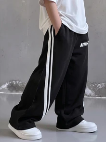 SHEIN Little Byeori 兒童青少年男孩休閒學院風灰色混色運動衫與運動長褲套裝，適合春/夏、情人節、家庭聚會、返校季、婚禮季、運動、生日派對 - 黑色 - 查看 2