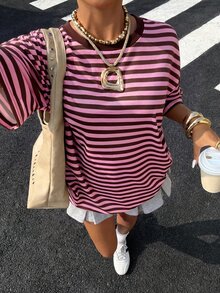Muchica Pink Plus Size Women's Striped Round Neck Short Sleeve Casual Cowboy T-Shirt Formal Summer - Pink - View 6