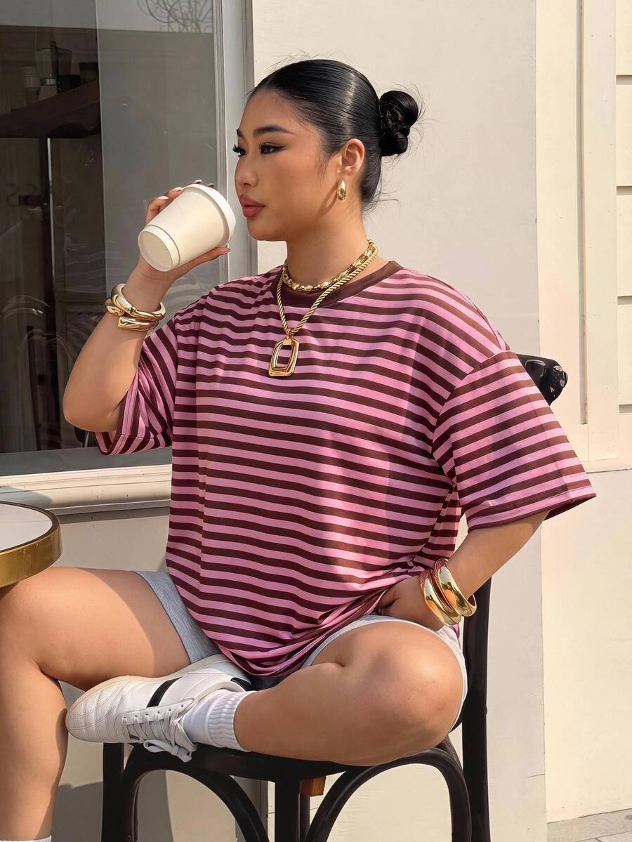 Muchica Pink Plus Size Women's Striped Round Neck Short Sleeve Casual Cowboy T-Shirt Formal Summer - Pink - View 1