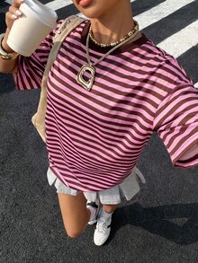 Muchica Pink Plus Size Women's Striped Round Neck Short Sleeve Casual Cowboy T-Shirt Formal Summer - Pink - View 4