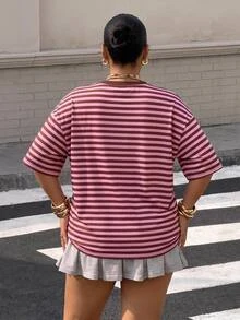 Muchica Pink Plus Size Women's Striped Round Neck Short Sleeve Casual Cowboy T-Shirt Formal Summer - Pink - View 2
