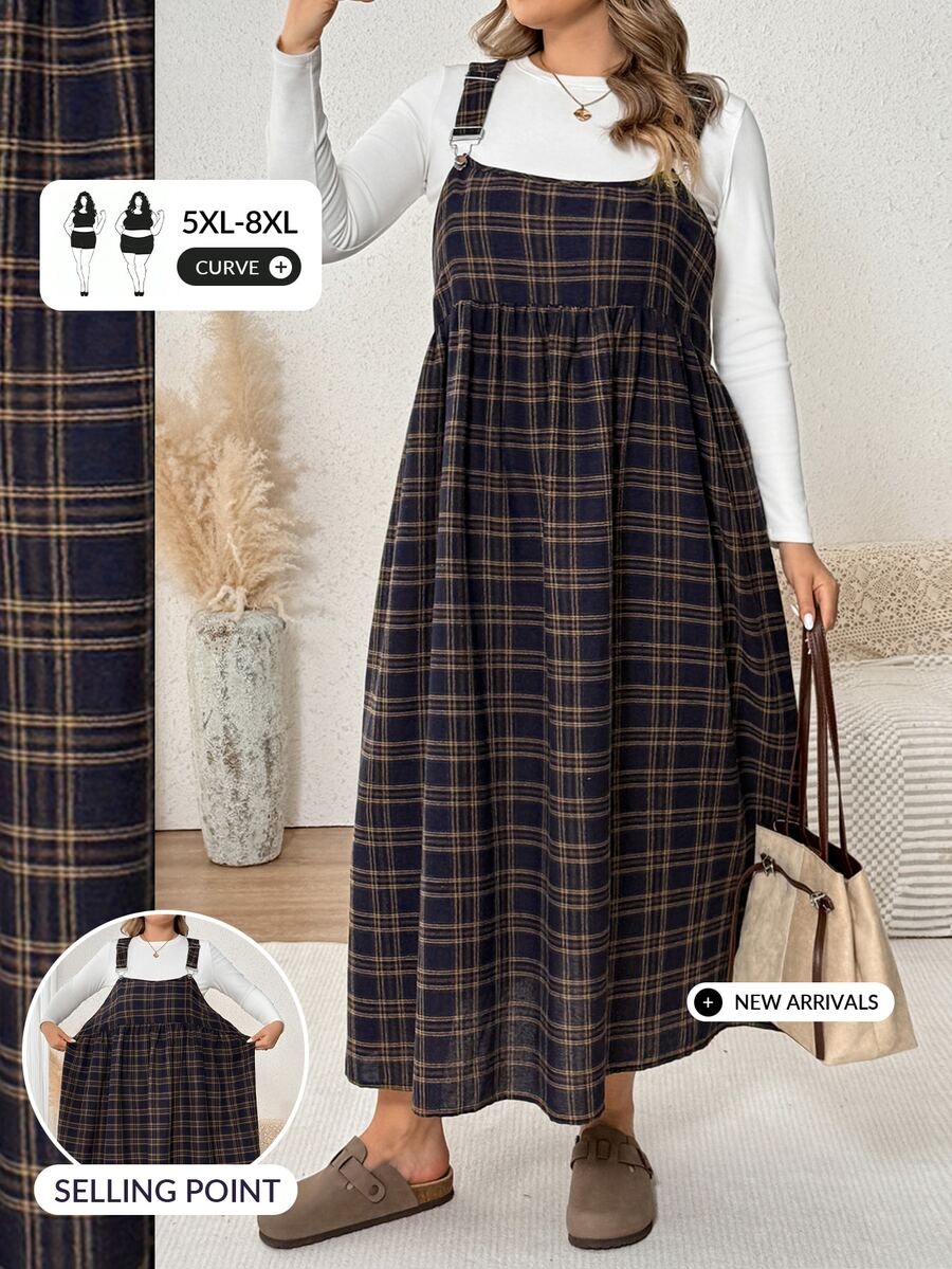 SHEIN CURVE+ Plus Size Women's Casual College Style Pinafore Dress - Multicolor - View 1