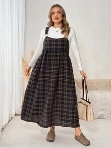SHEIN CURVE+ Plus Size Women's Casual College Style Pinafore Dress - Multicolor - View 6
