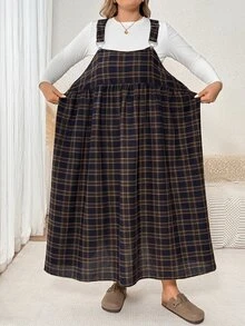 SHEIN CURVE+ Plus Size Women's Casual College Style Pinafore Dress - Multicolor - View 3