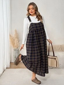 SHEIN CURVE+ Plus Size Women's Casual College Style Pinafore Dress - Multicolor - View 8