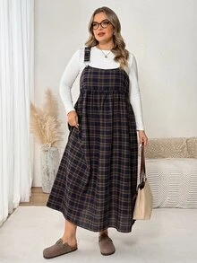 SHEIN CURVE+ Plus Size Women's Casual College Style Pinafore Dress - Multicolor - View 7