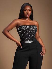 SHEIN SXY Plus Size Women's Black Summer Girlism Night Out Club Rhinestone Sheer Mesh Tube Bodysuit, Strapless Crystal Slim-Fit Outfit For Prom,Date Night - Black - View 4