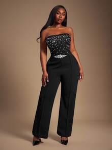 SHEIN SXY Plus Size Women's Black Summer Girlism Night Out Club Rhinestone Sheer Mesh Tube Bodysuit, Strapless Crystal Slim-Fit Outfit For Prom,Date Night - Black - View 3