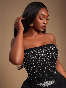 SHEIN SXY Plus Size Women's Black Summer Girlism Night Out Club Rhinestone Sheer Mesh Tube Bodysuit, Strapless Crystal Slim-Fit Outfit For Prom,Date Night - Black - View 7
