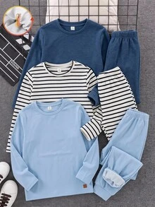 3件組兒童青少年男孩休閒日常純色多色天藍、皇家藍、黑白條紋百搭圓領寬鬆套頭長袖針織T恤組合包，適合通勤、上學、日常休閒、外出、運動，秋冬穿著 - 彩色 - 查看 5