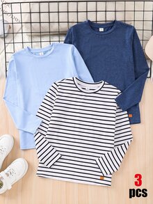 3件組兒童青少年男孩休閒日常純色多色天藍、皇家藍、黑白條紋百搭圓領寬鬆套頭長袖針織T恤組合包，適合通勤、上學、日常休閒、外出、運動，秋冬穿著 - 彩色 - 查看 4