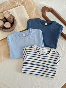 3件組兒童青少年男孩休閒日常純色多色天藍、皇家藍、黑白條紋百搭圓領寬鬆套頭長袖針織T恤組合包，適合通勤、上學、日常休閒、外出、運動，秋冬穿著 - 彩色 - 查看 3