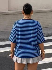 Muchica 大码女式夏季休闲条纹T恤 - 藍色 - 查看 2