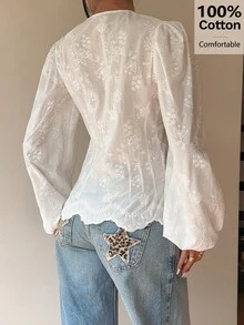 Serisse 女款 100% 純棉白色花卉刺繡 V 領長款泡泡袖襯衫，白色上衣，法式 - 米色 - 查看 11