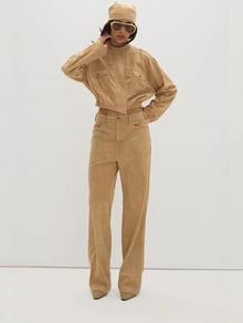 MUSEYN Celana Panjang Model Lurus Pinggang Tinggi Bahan Suede Warna Beige - Krem - View 5