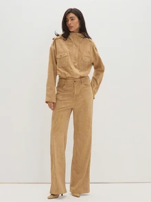 MUSEYN Celana Panjang Model Lurus Pinggang Tinggi Bahan Suede Warna Beige - Krem - View 2