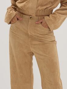 MUSEYN Celana Panjang Model Lurus Pinggang Tinggi Bahan Suede Warna Beige - Krem - View 6