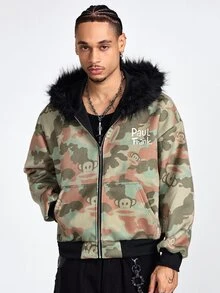 ROMWE MEN Paul Frank X ROMWE 男士長袖聯名迷彩寬鬆連帽衫 - 軍綠色 - 查看 5
