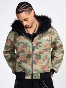 ROMWE MEN Paul Frank X ROMWE 男士長袖聯名迷彩寬鬆連帽衫 - 軍綠色 - 查看 2
